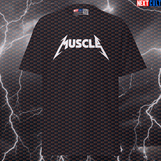 MUSCLE Metallica Heavy Metal Gym Meme T-Shirt - Funny Workout Pump Cover Tee for Lifters & Gymbros T-shirts Bodybuilding Fitness Gym Metallica Powerlifting Pump Cover Rock Music Workout Next Cult Brand