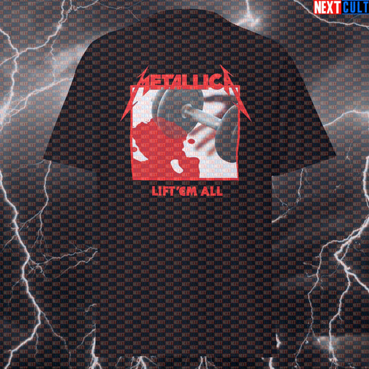 Lift 'Em All Funny Gym T-Shirt - Metallica Kill 'Em All Parody Pump Cover for Heavy Metal Lifters & Gymbros T-shirts Bodybuilding Fitness Gym Metallica Powerlifting Pump Cover Rock Music Workout Next Cult Brand