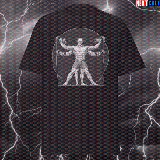 Vitruvian Man With Dumbbells Funny Gym Shirt: Leonardo da Vinci Gym Meme Tee & Pump Cover T-shirts Bodybuilding Fitness Gym Leonardo da Vinci Pump Cover Workout Next Cult Brand