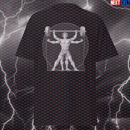 Vitruvian Man With A Barbell Funny Gym Shirt - Leonardo da Vinci Fitness Meme Tee For Lifters & Gymbros T-shirts Bodybuilding Fitness Gym Leonardo da Vinci Powerlifting Pump Cover Workout Next Cult Brand