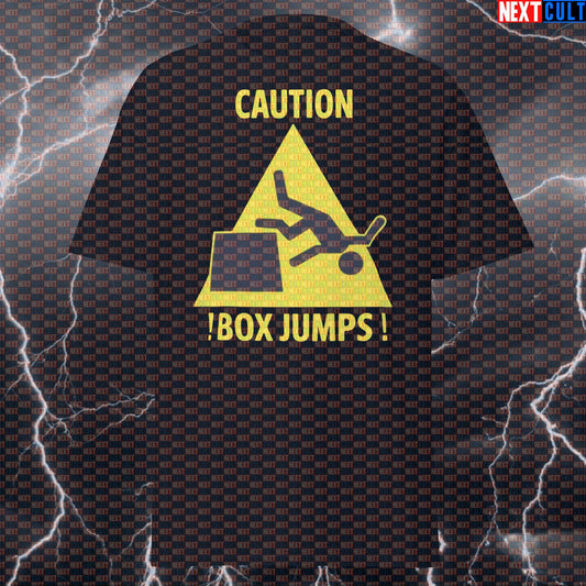 Caution Box Jumps! Funny Gym Meme T-Shirt - Functional Fitness Graphic Tee & Pump Cover T-shirts Fitness Functional Fitness Gym Leg Day Pump Cover Workout Next Cult Brand