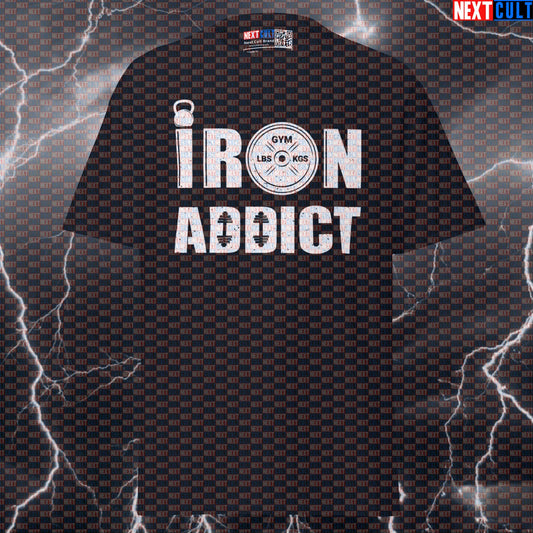 Iron Addict Funny Gym Shirt - Weights & Lifting Meme Tee for Bodybuilding Pump Cover & Gains T-shirts Bodybuilding Fitness Gym Powerlifting Pump Cover Workout Next Cult Brand
