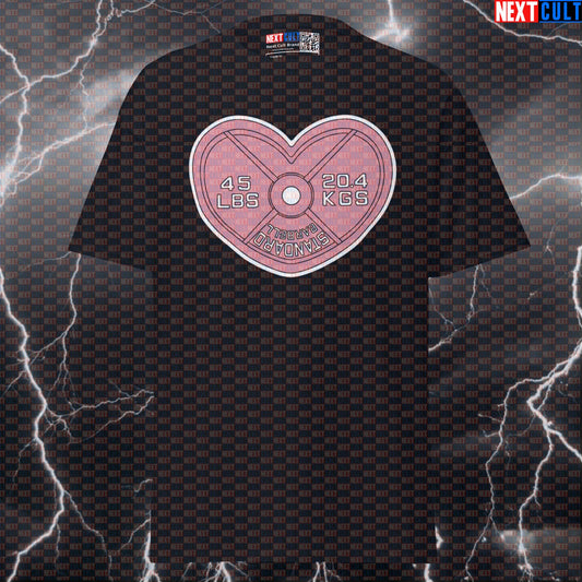 Funny Gym Meme T-Shirt: Pink Heart Shaped Metal Weight Plate Pump Cover for Lifters & Gymbros T-shirts Bodybuilding Fitness Gym Powerlifting Pump Cover Valentine's Day Workout Next Cult Brand