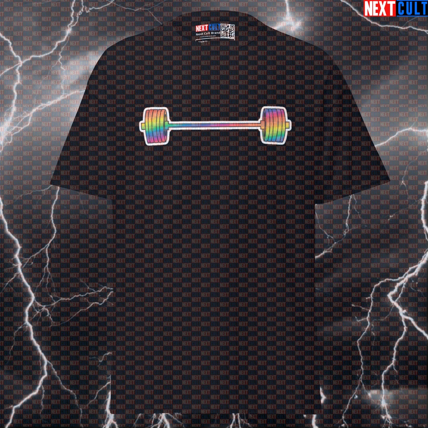 Rainbow Barbell Pride Gym T-Shirt | Funny LGBTQ+ Workout Pump Cover Tee | Powerlifting Meme Graphic Top T-shirts Bodybuilding Fitness Gym LGBTQ+ Powerlifting Pump Cover Workout Next Cult Brand