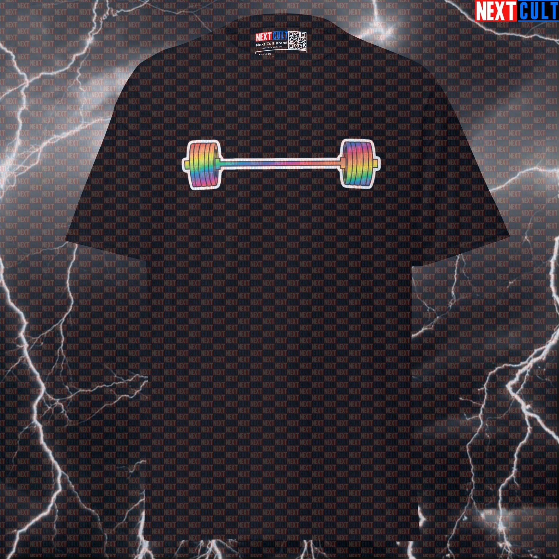 Rainbow Barbell Pride Gym T-Shirt | Funny LGBTQ+ Workout Pump Cover Tee | Powerlifting Meme Graphic Top T-shirts Bodybuilding Fitness Gym LGBTQ+ Powerlifting Pump Cover Workout Next Cult Brand