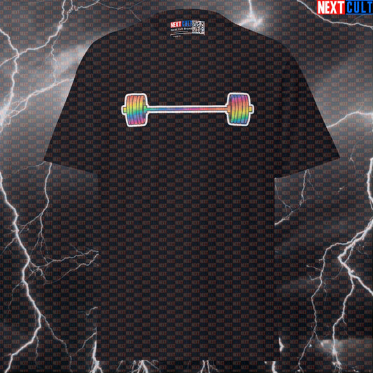 Rainbow Barbell Pride Gym T-Shirt | Funny LGBTQ+ Workout Pump Cover Tee | Powerlifting Meme Graphic Top T-shirts Bodybuilding Fitness Gym LGBTQ+ Powerlifting Pump Cover Workout Next Cult Brand