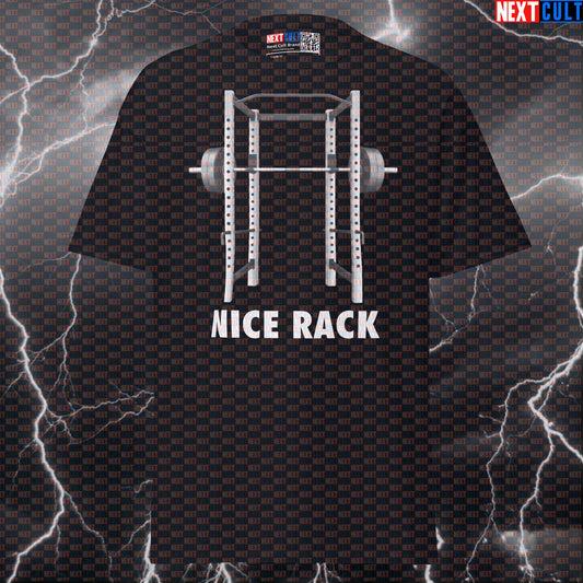 Nice Rack Funny Gym T-Shirt - Squat Rack Meme Tee for Lifters & Gymbros | Ultimate Pump Cover Top T-shirts Fitness Gym Home Gym Powerlifting Pump Cover Workout Next Cult Brand