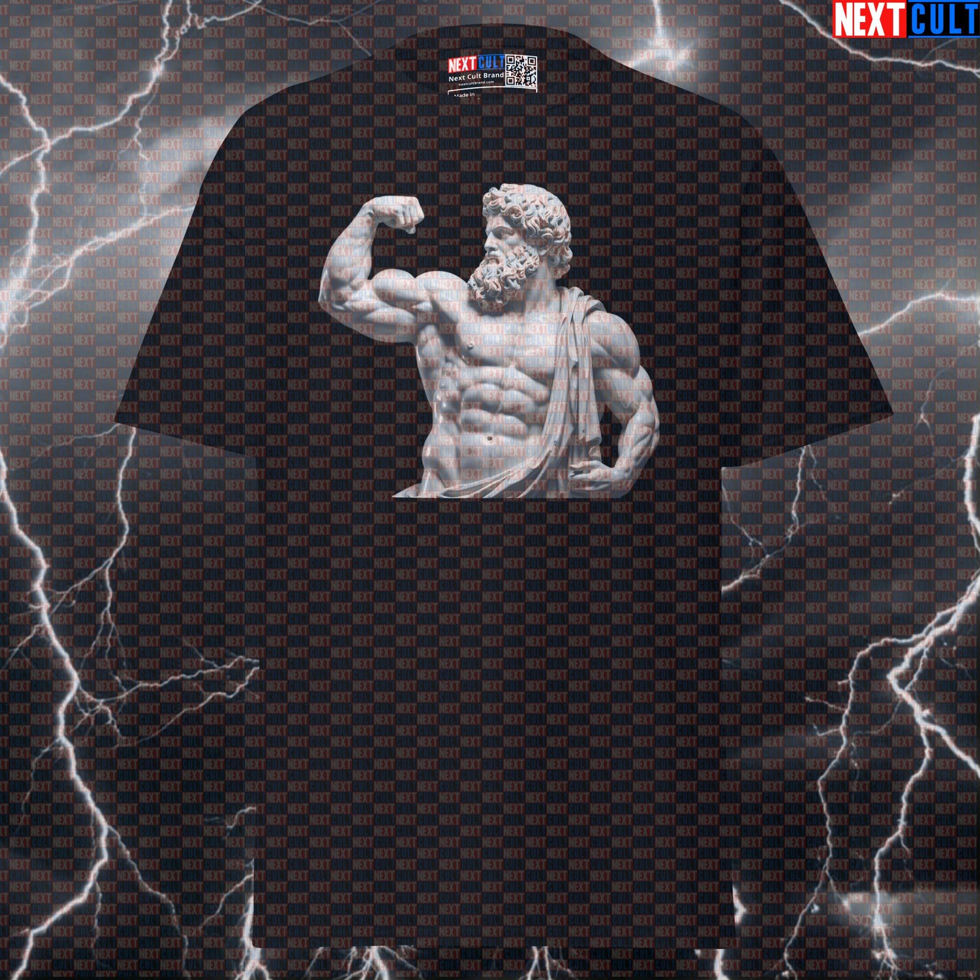 White Marble Greek God Statue Funny Gym T-Shirt - Bicep Pose Bodybuilder Pump Cover Graphic Tee T-shirts Ancient Greece Bodybuilding Fitness Gym Pump Cover Stoicism Workout Next Cult Brand