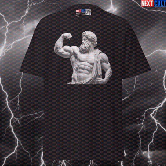 White Marble Greek God Statue Funny Gym T-Shirt - Bicep Pose Bodybuilder Pump Cover Graphic Tee T-shirts Ancient Greece Bodybuilding Fitness Gym Pump Cover Stoicism Workout Next Cult Brand
