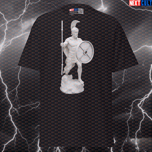 Ares God of War Gym T-Shirt: Funny Barbell Spear & Weightplate Shield Pump Cover Tee T-shirts Ancient Greece Fitness Gym Powerlifting Pump Cover Stoicism Workout Next Cult Brand