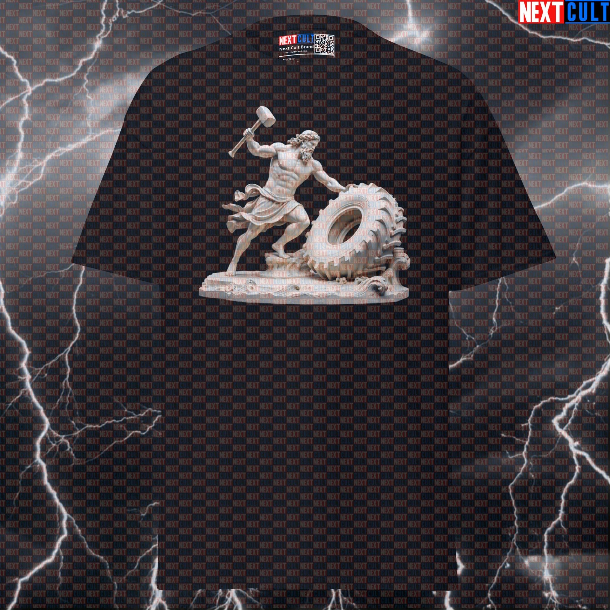 Forged in the Gym: Hephaestus God of Fire Iron & Gains Funny Sledgehammer Tire Slam Meme Tee T-shirts Ancient Greece Fitness Functional Fitness Gym Pump Cover Stoicism Workout Next Cult Brand