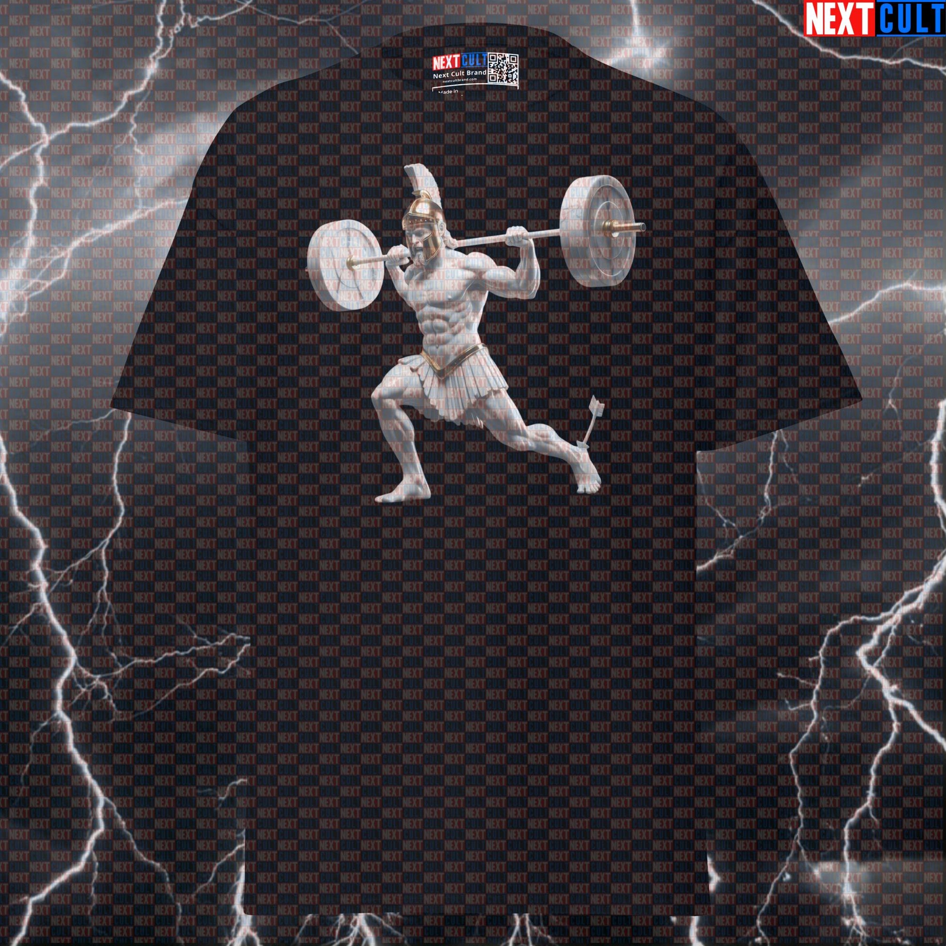 Premium Bodybuilding Mythos Tee: Funny Achilles Lunges Graphic Pump Cover for Lifters T-shirts Ancient Greece Fitness Gym Leg Day Pump Cover Stoicism Workout Next Cult Brand