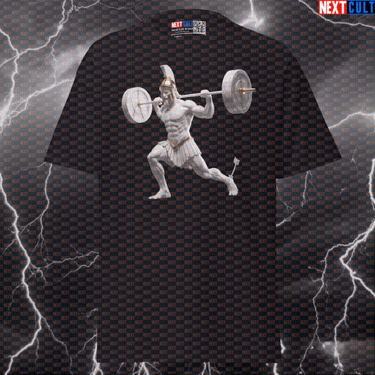 Premium Bodybuilding Mythos Tee: Funny Achilles Lunges Graphic Pump Cover for Lifters T-shirts Ancient Greece Fitness Gym Leg Day Pump Cover Stoicism Workout Next Cult Brand