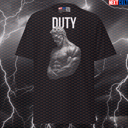 Duty Calls: Stoic Sigma Greek God Marble Sculpture Funny Gym Meme Pump Cover T-Shirt T-shirts Ancient Greece Fitness Gym Pump Cover Stoicism Workout Next Cult Brand