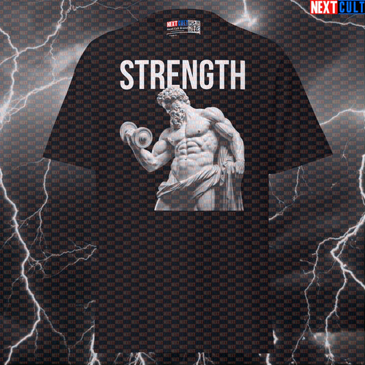Strength Stoic Bodybuilder Greek God Marble Sculpture Graphic Tee - Funny Gym Meme Pump Cover Shirt for Lifters T-shirts Ancient Greece Bodybuilding Fitness Gym Pump Cover Stoicism Workout Next Cult Brand