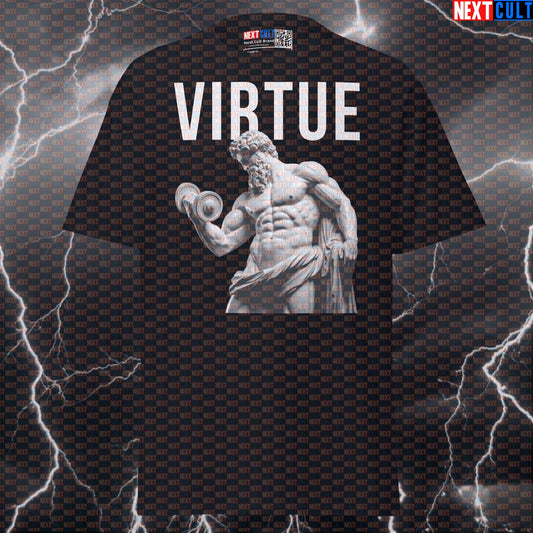 Virtue Gains Stoic Philosophy Greek God Marble Sculpture Funny Gym Meme T-Shirt Pump Cover T-shirts Ancient Greece Bodybuilding Fitness Gym Pump Cover Stoicism Workout Next Cult Brand
