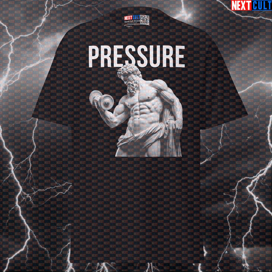 Pressure Gym Meme T-Shirt | Funny Stoic Bodybuilder Pump Cover Tee with Greek God Marble Sculpture Design T-shirts Ancient Greece Bodybuilding Fitness Gym Pump Cover Stoicism Workout Next Cult Brand