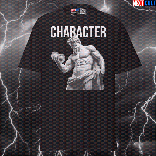 Character Gains T-Shirt: Stoic Gym Meme Tee for Lifters & Greek God Pump Cover T-shirts Ancient Greece Bodybuilding Fitness Gym Pump Cover Stoicism Workout Next Cult Brand