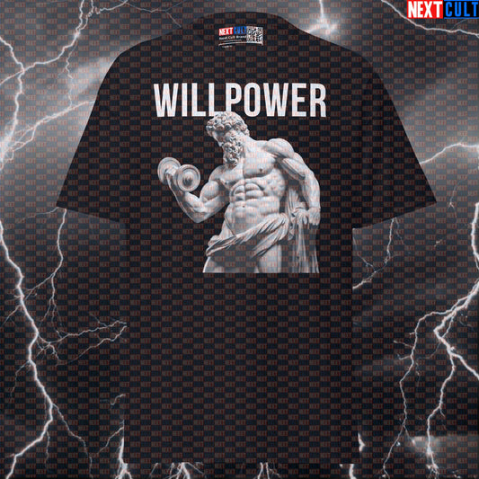 Willpower Stoic Lifting Sigma Graphic Tee - Greek God Marble Sculpture Funny Gym Meme Pump Cover T-shirts Ancient Greece Bodybuilding Fitness Gym Pump Cover Stoicism Workout Next Cult Brand