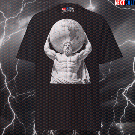 Atlas Lifting The Earth Funny Gym Meme Graphic Tee | Strongman Pump Cover Shirt T-shirts Ancient Greece Bodybuilding Fitness Gym Pump Cover Stoicism Strongman Workout Next Cult Brand