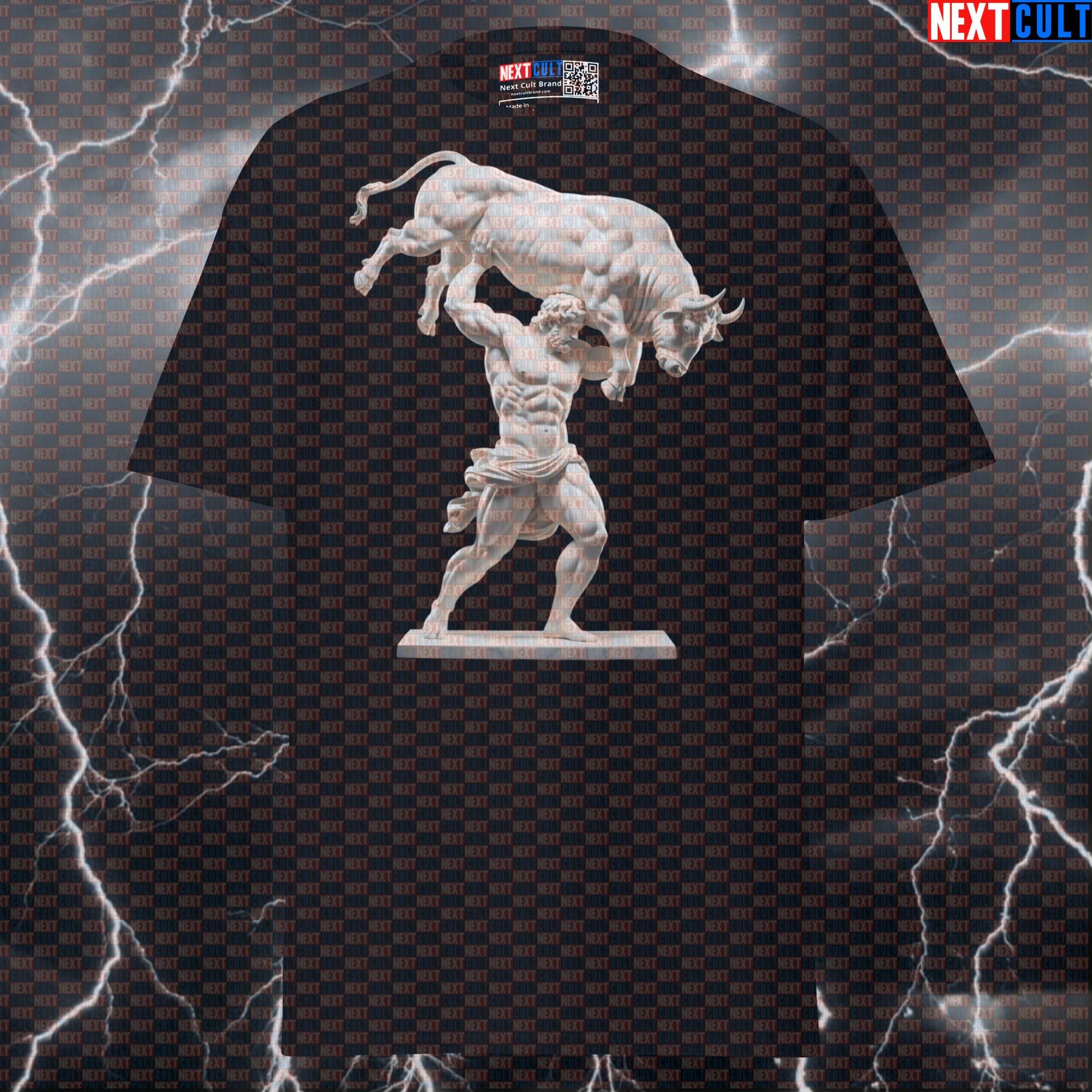 Milo of Croton Bull Lifting Graphic Tee | Funny Gym Meme Shirt & Pump Cover for Lifters T-shirts Ancient Greece Bodybuilding Fitness Gym Pump Cover Stoicism Workout Next Cult Brand
