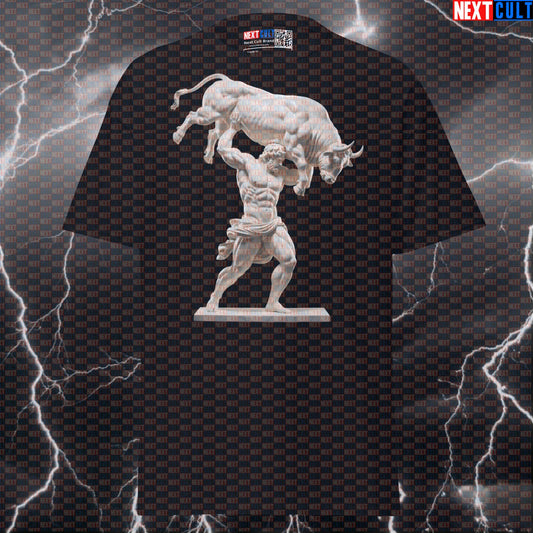 Milo of Croton Bull Lifting Graphic Tee | Funny Gym Meme Shirt & Pump Cover for Lifters T-shirts Ancient Greece Bodybuilding Fitness Gym Pump Cover Stoicism Workout Next Cult Brand