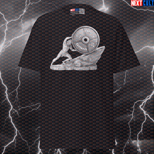 Sisyphean Gains: Funny Gym Meme Shirt | Rolling Weight Plate Uphill Pump Cover Graphic Tee T-shirts Ancient Greece Fitness Gym Powerlifting Pump Cover Stoicism Workout Next Cult Brand
