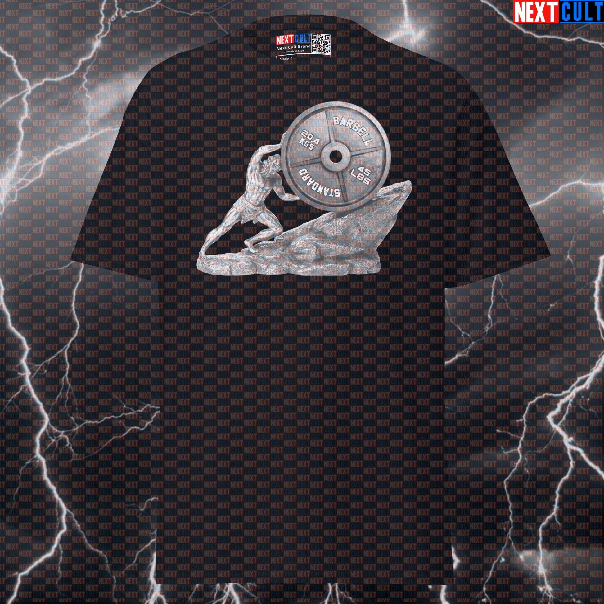 Sisyphean Gains: Funny Gym Meme Shirt | Rolling Weight Plate Uphill Pump Cover Graphic Tee T-shirts Ancient Greece Fitness Gym Powerlifting Pump Cover Stoicism Workout Next Cult Brand