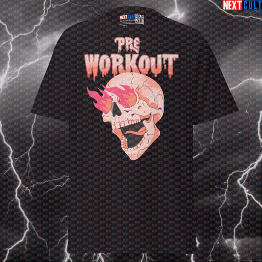 Crazy Preworkout Energy Graphic Tee - Funny Skull & Flames Gym Meme Pump Cover T-shirts Bodybuilding Fitness Gym Halloween Powerlifting Pump Cover Workout Next Cult Brand