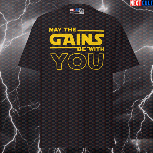 May The Gains Be With You T-Shirt - Swole Wars Funny Gym Meme Tee & Essential Pump Cover Top Next Cult Brand