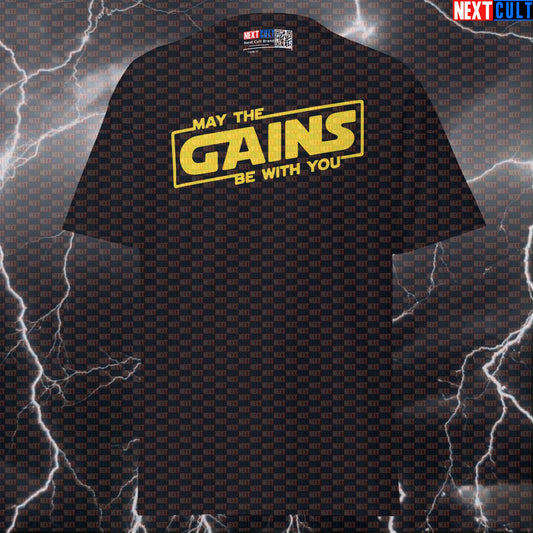 May The Gains Be With You Funny Gym Shirt - Swole Wars Graphic Tee for Bodybuilding & Powerlifting Pump Cover Next Cult Brand