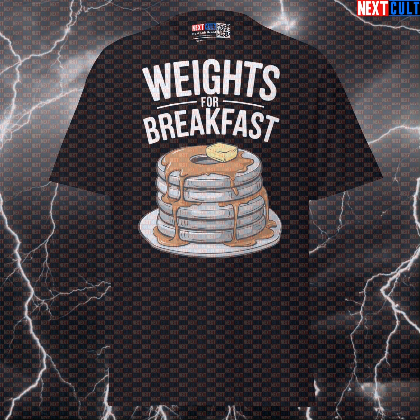 Weights For Breakfast Funny Gym T-Shirt | Pancake Weight Plates Graphic Tee For Morning Lifters Bodybuilding Bulking Fast Food Fitness Gym Powerlifting Pump Cover Workout Next Cult Brand