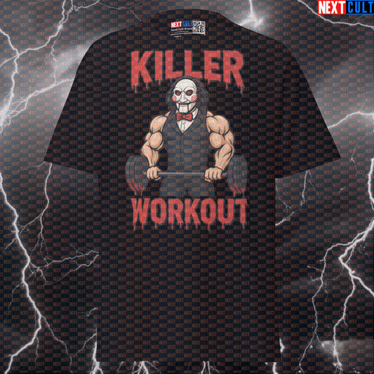 Jigsaw's Killer Workout Plan Funny Gym T-Shirt | Horror Meme Pump Cover Tee Bodybuilding Films Fitness Gym Halloween Powerlifting Pump Cover Workout Next Cult Brand