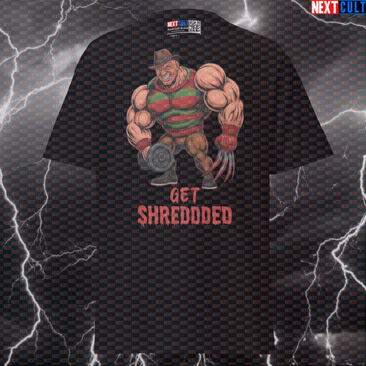 Get Shredded Freddy Krueger Funny Gym T-Shirt | Horror Meme Workout Tee Pump Cover Bodybuilding Films Fitness Gym Halloween Powerlifting Pump Cover Workout Next Cult Brand