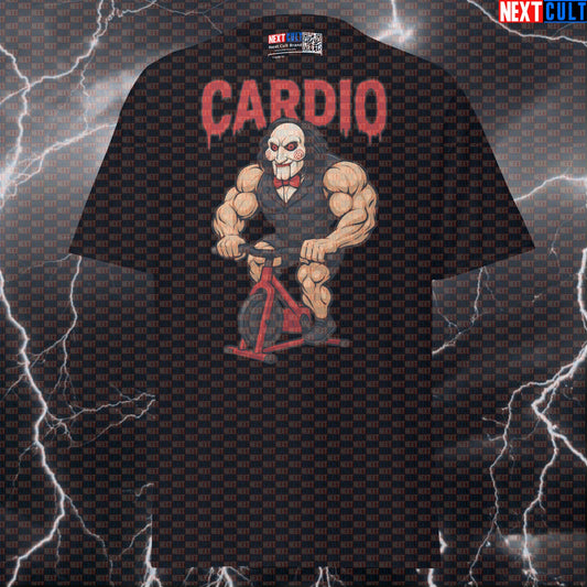 Jigsaw's Spin Class Horror Funny Gym T-Shirt | Killer Workout Graphic Tee Cardio Films Fitness Gym Halloween Pump Cover Workout Next Cult Brand