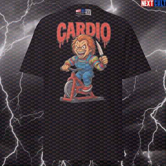 Chucky Spin Class Funny Gym T-Shirt | Cardio Horror Movie Graphic Workout Tee T-shirts Cardio Films Fitness Gym Halloween Pump Cover Workout Next Cult Brand