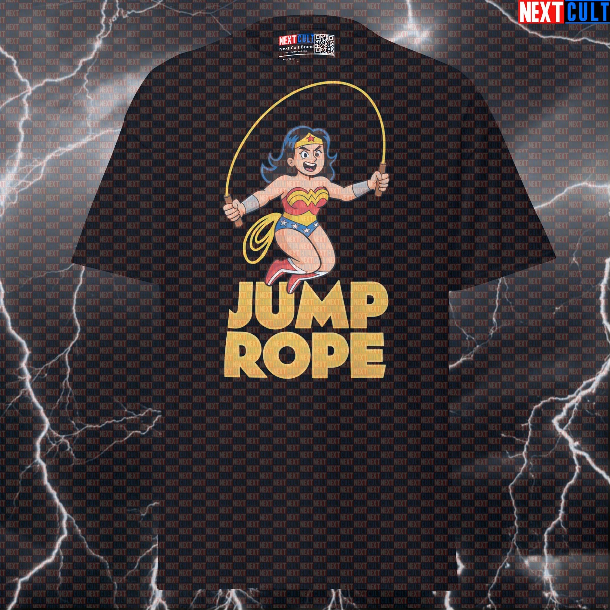 Jump Rope Wonder Woman Funny Gym T-Shirt | Superhero Cardio Workout Tee & Pump Cover T-shirts Cardio Films Fitness Gym Justice League Pump Cover Superheroes Wonder Woman Workout Next Cult Brand