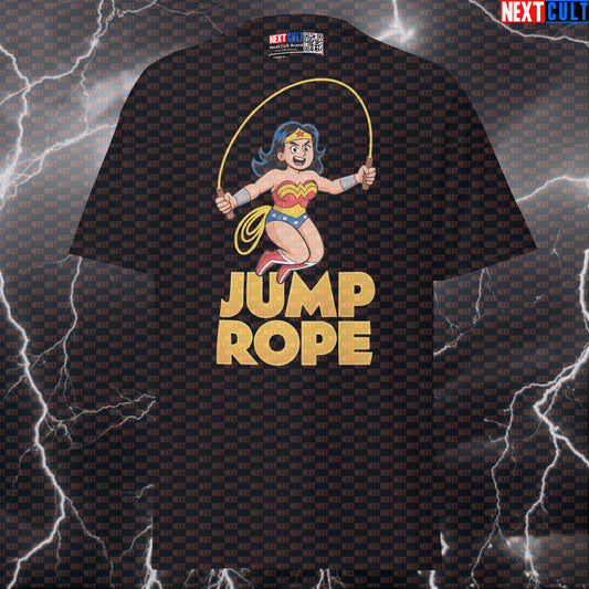 Jump Rope Wonder Woman Funny Gym T-Shirt | Superhero Cardio Workout Tee & Pump Cover T-shirts Cardio Films Fitness Gym Justice League Pump Cover Superheroes Wonder Woman Workout Next Cult Brand