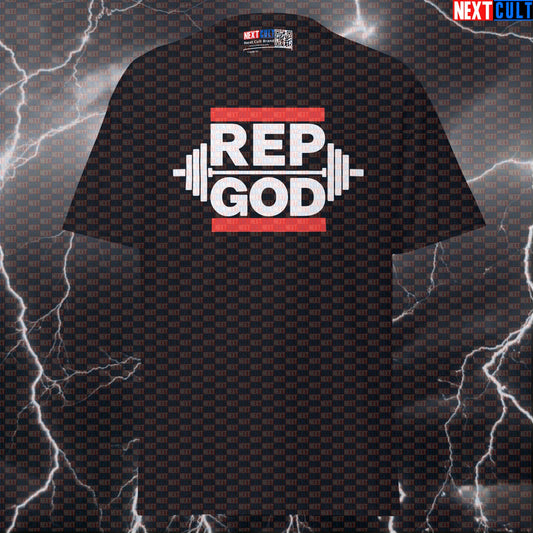 Rep God Funny Gym T-Shirt | Rap Music Workout Tee for Lifters & Bodybuilding T-shirts Bodybuilding Eminem Fitness Gym Hip Hop Powerlifting Pump Cover Workout Next Cult Brand
