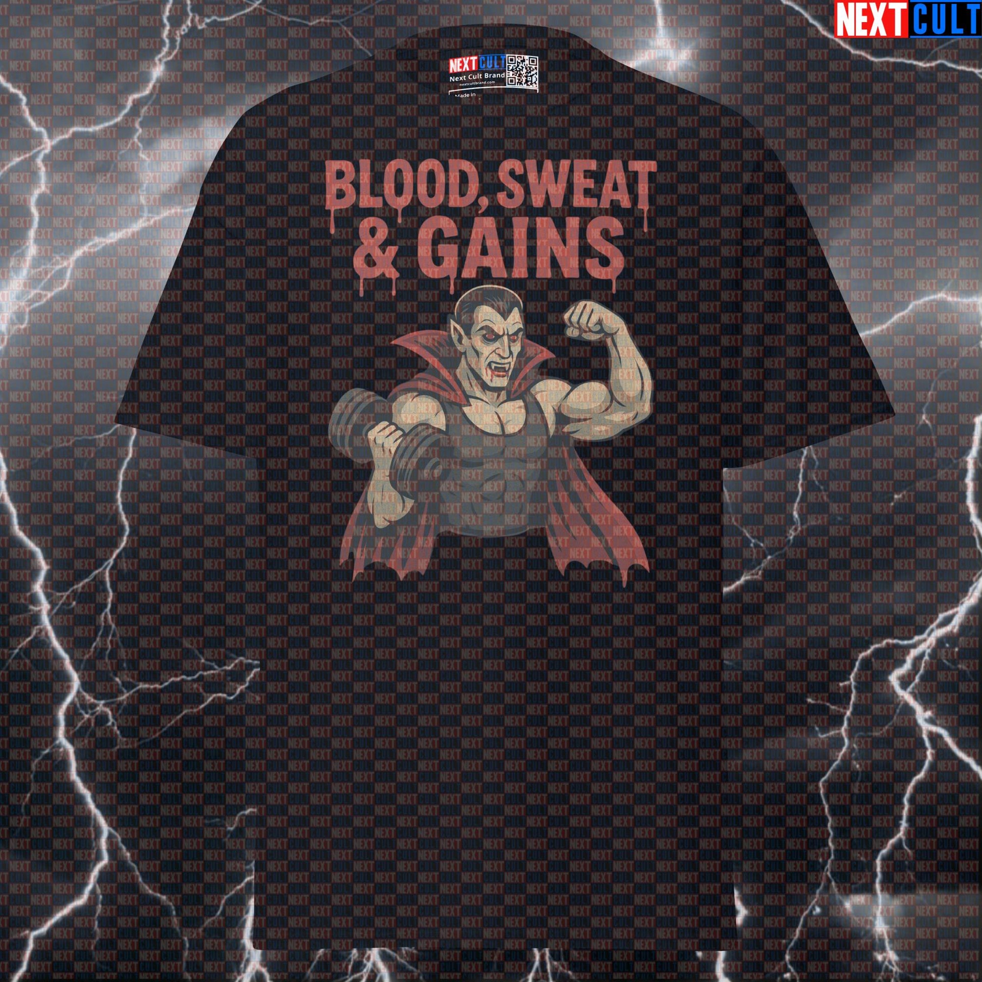 Blood Sweat & Gains Funny Gym T-Shirt | Dracula Vampire Workout Tee Pump Cover T-shirts Bodybuilding Films Fitness Gym Halloween Pump Cover Workout Next Cult Brand
