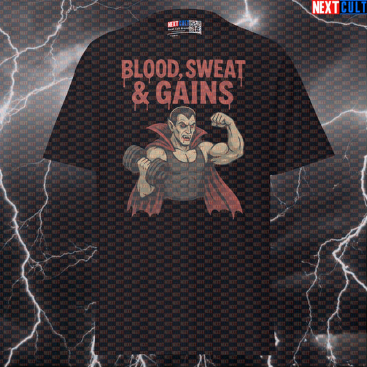 Blood Sweat & Gains Funny Gym T-Shirt | Dracula Vampire Workout Tee Pump Cover T-shirts Bodybuilding Films Fitness Gym Halloween Pump Cover Workout Next Cult Brand
