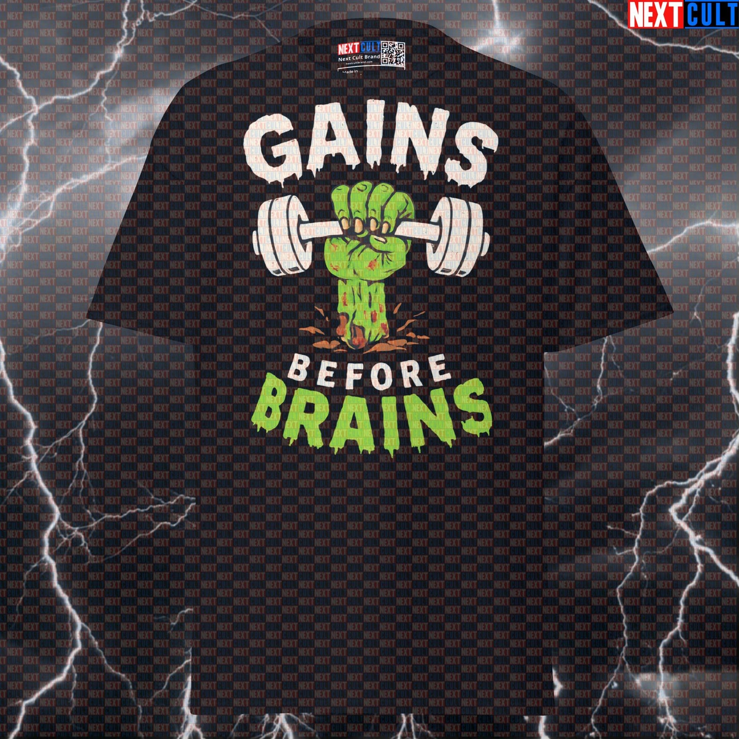Gains Before Brains Funny Gym T-Shirt | Zombie Bodybuilding Meme Tee | Halloween Workout Pump Cover T-shirts Bodybuilding Fitness Gym Halloween Pump Cover Workout Zombie Next Cult Brand