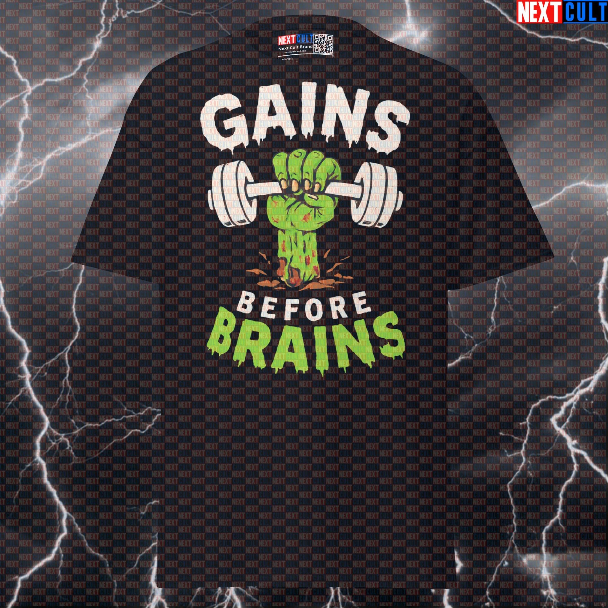 Gains Before Brains Funny Gym T-Shirt | Zombie Bodybuilding Meme Tee | Halloween Workout Pump Cover T-shirts Bodybuilding Fitness Gym Halloween Pump Cover Workout Zombie Next Cult Brand