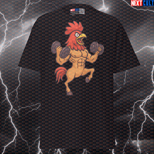 Savage Horsecock Gym T-Shirt | Funny Horse Rooster Hybrid Creature Meme Tee For Lifters & Heavy Weights Bodybuilding Fitness Gym Powerlifting Pump Cover Workout Next Cult Brand