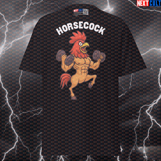 Horsecock Gym T-Shirt | Funny Horse Rooster Hybrid Creature Graphic Tee For Lifters & Heavy Weight Gains Bodybuilding Fitness Gym Powerlifting Pump Cover Workout Next Cult Brand