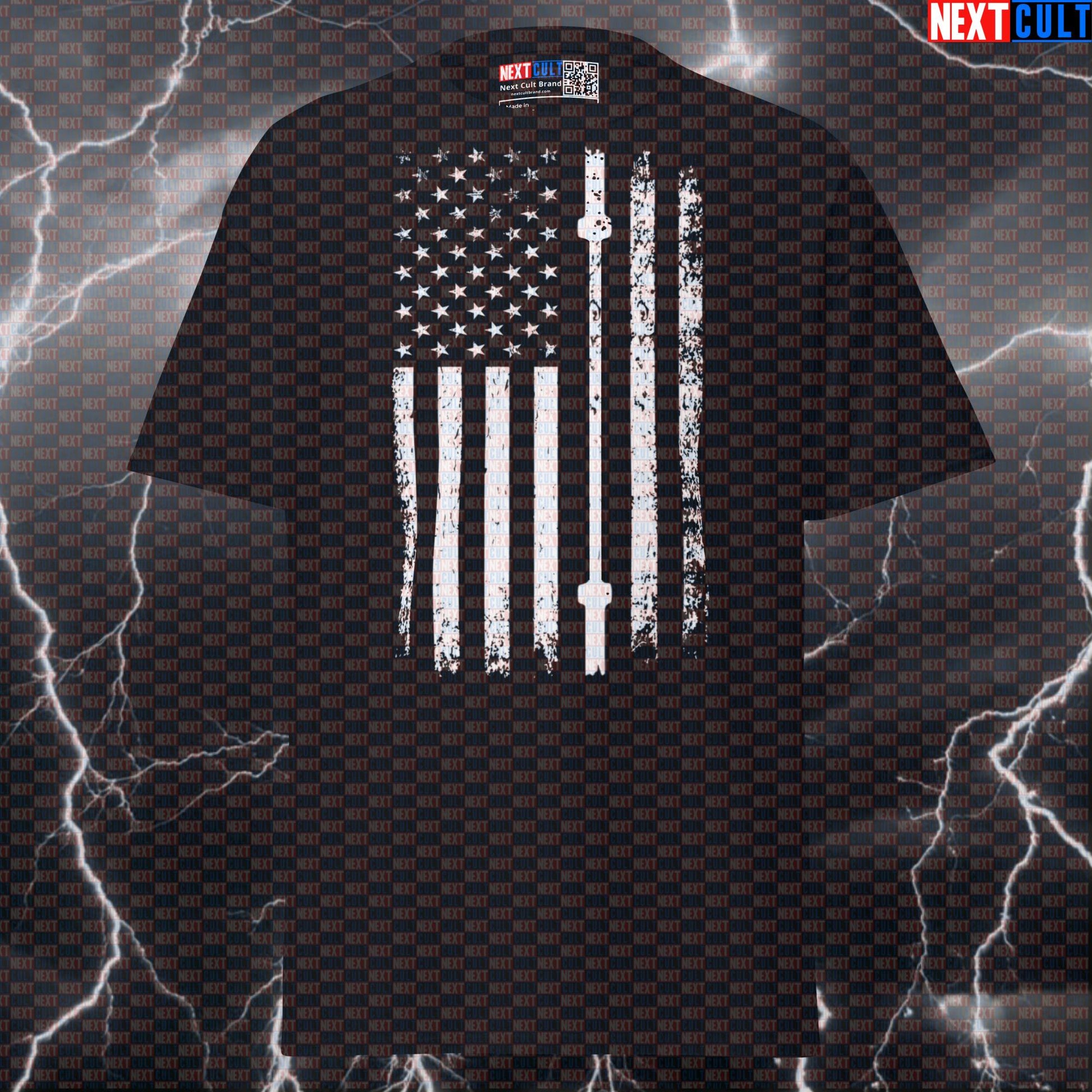 Patriotic Barbell Flag Funny Gym Shirt | Distressed USA Pump Cover For Lifters & Gymbros 4th of July Fitness Gym Powerlifting Pump Cover Workout Next Cult Brand