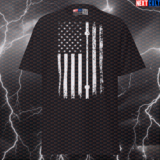 Patriotic Barbell Flag Funny Gym Shirt | Distressed USA Pump Cover For Lifters & Gymbros 4th of July Fitness Gym Powerlifting Pump Cover Workout Next Cult Brand