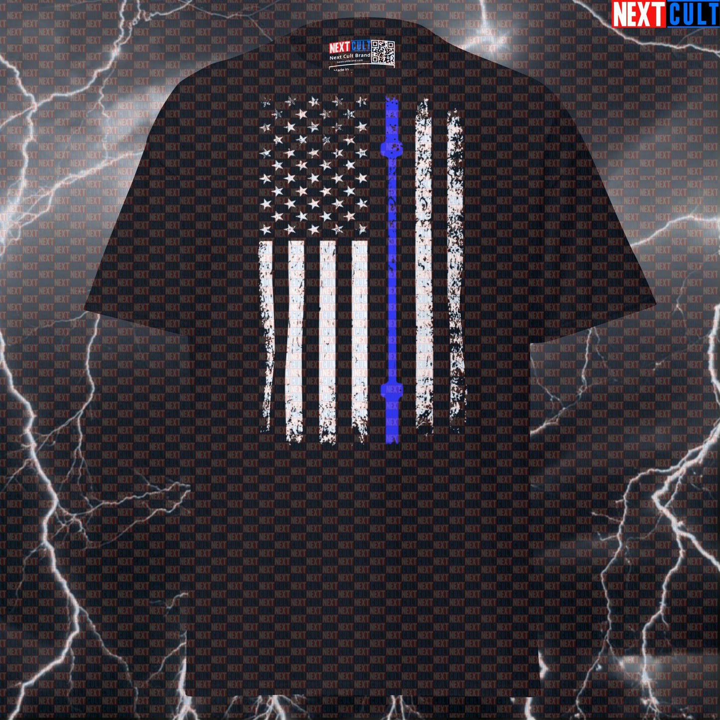 Thin Blue Line Barbell Flag Graphic Tee | Patriotic Police Tribute Funny Gym Shirt & Pump Cover T-shirts 4th of July Fitness Gym Powerlifting Pump Cover Workout Next Cult Brand