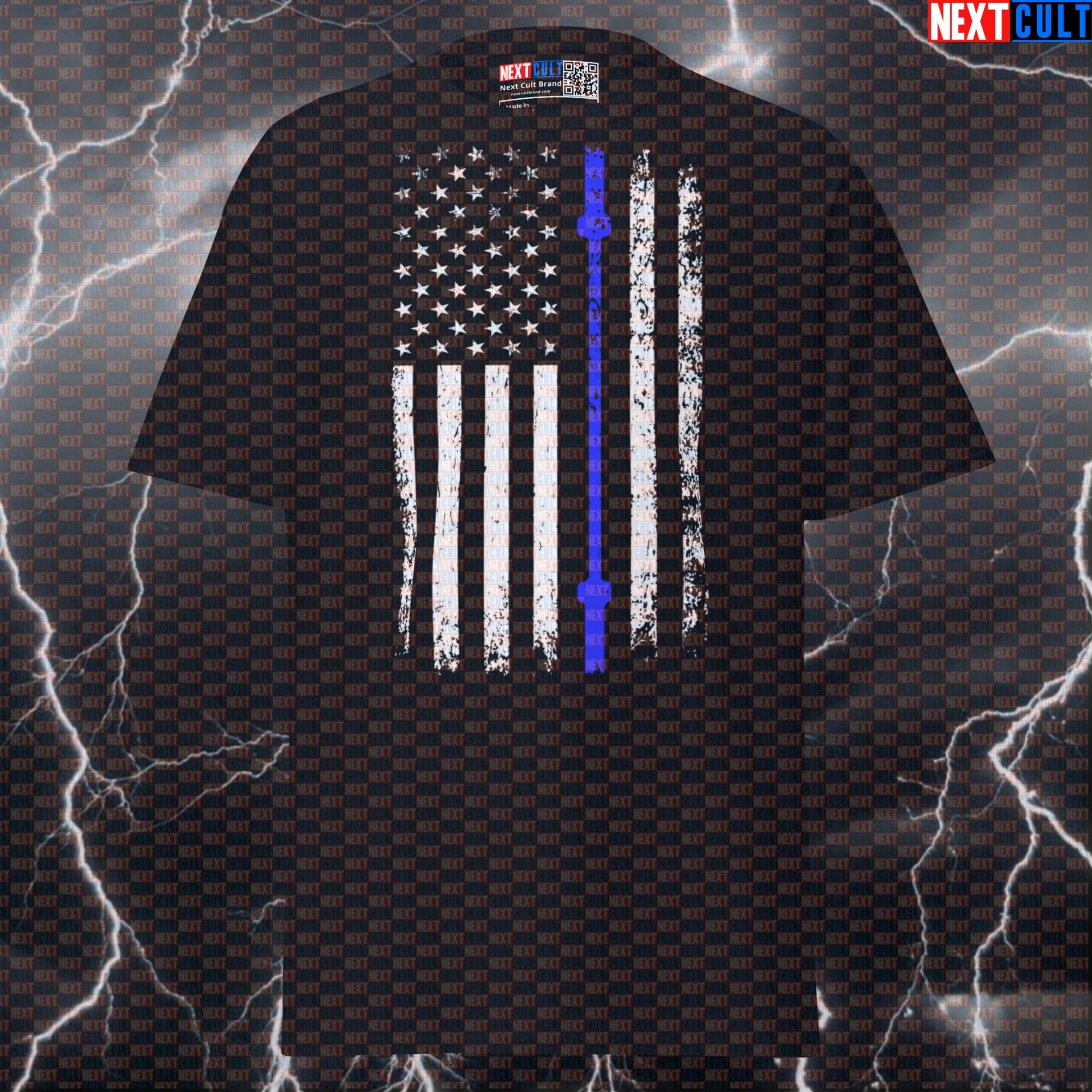 Thin Blue Line Barbell Flag Graphic Tee | Patriotic Police Tribute Funny Gym Shirt & Pump Cover T-shirts 4th of July Fitness Gym Powerlifting Pump Cover Workout Next Cult Brand