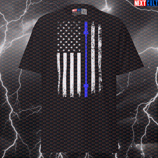 Thin Blue Line Barbell Flag Graphic Tee | Patriotic Police Tribute Funny Gym Shirt & Pump Cover T-shirts 4th of July Fitness Gym Powerlifting Pump Cover Workout Next Cult Brand